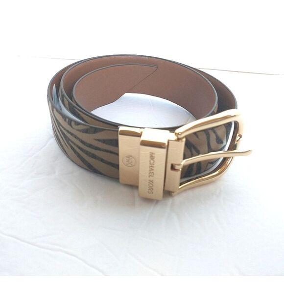 New! MICHAEL KORS Reversible Leather Belt Zebra Print Gold-tone Logo Buckle SM - Picture 8 of 13